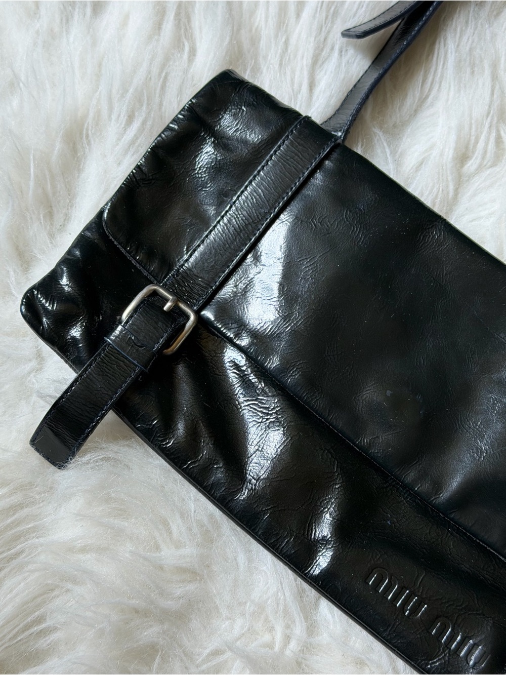 Vintage Miu Miu Blue Black Shiny Leather Wet Look Buckle Mini Shoulder Bag - Picture 10 of 14